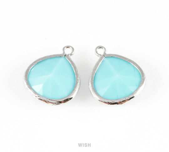 Sky Blue Faceted Glass Charm in Gold, Framed Drop Glass Bead / GSBG-001-P