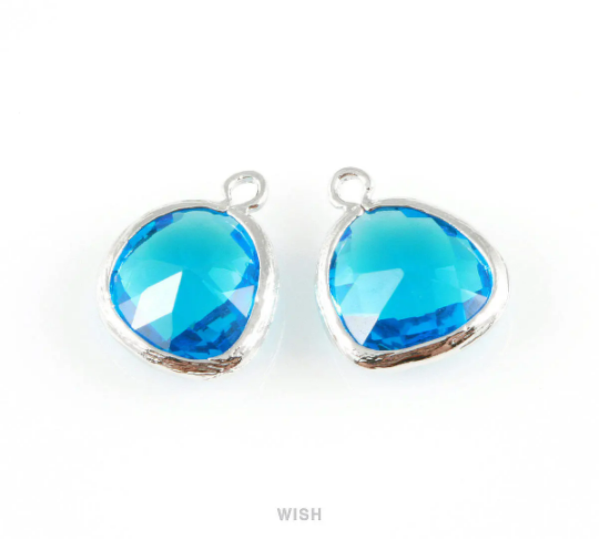 Capri Blue Faceted Glass Charm in Gold, Framed Drop Glass Gem / GCBG-004-P (Medium)