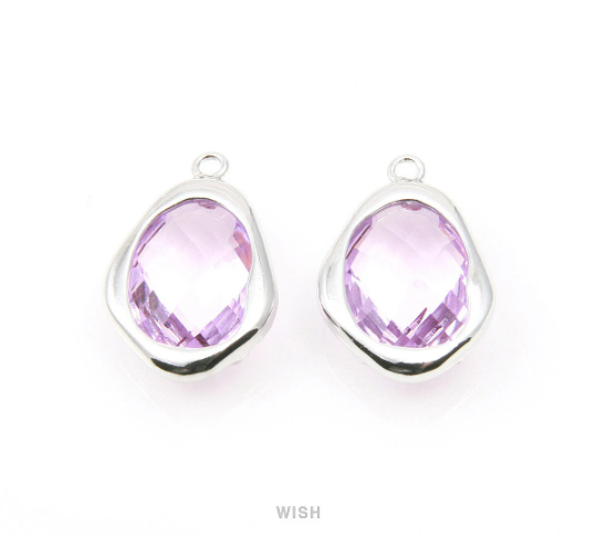 Light Amethyst Faceted Glass Charms in Gold, Framed Teardrop Pendant/ GLDG-085-P