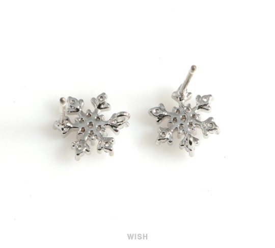 Snowflake Stud Earrings with CZ in Rhodium, CZ Snow Crystal Stud Earrings / CRH-073-E