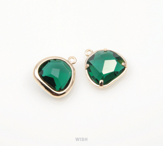 Emerald Pear Glass Charm in Gold, Glass Framed Pendant / GEMG-093-P