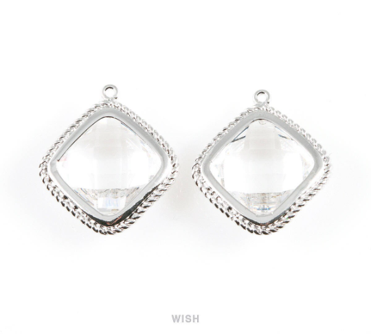 Clear Diamond Shape Pendants in Gold, Framed Diamond Charms / GCLG-032-P
