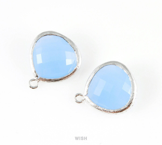 Ice Blue Faceted Glass Charm in Gold, Framed Drop Glass Bead /GIBG-001-P (Large)