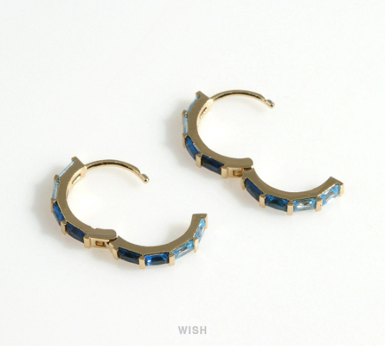 Aquamarine & Sapphire Clip Hoop Earrings in Gold, 2 Aquamarine and 2 Sapphire Hoop Earrings/ CG-093-E