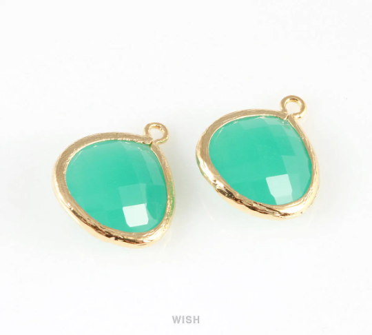 Mint Faceted Glass Charm in Rhodium, Framed Drop Glass Bead / GMTRH-001-P (Large)