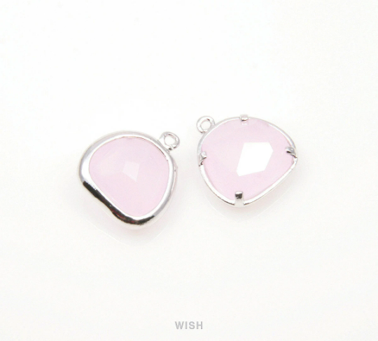 Rose Quartz Pear Glass Charm in Rhodium, Glass Framed Pendant/ GRQRH-093-P