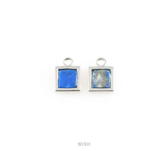 Lapis Lazuli Square Stone Charm in Gold, Gemstone Framed Pendant /  SLLG-049-P