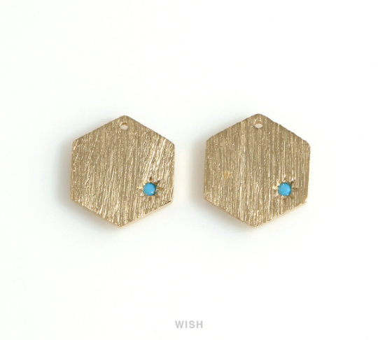 Hexagon Charm with a Turquoise in Matte Gold, Hexagon Pendant / MMG-670-P
