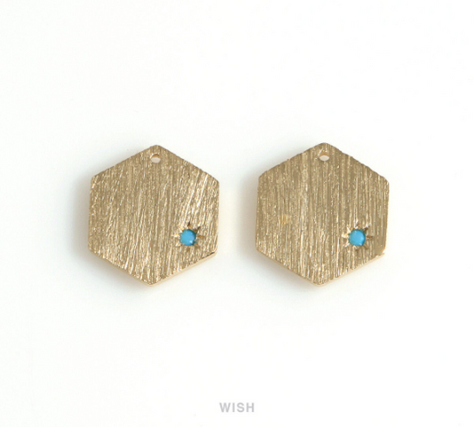 Hexagon Charm with a Turquoise in Matte Gold, Hexagon Pendant / MMG-670-P