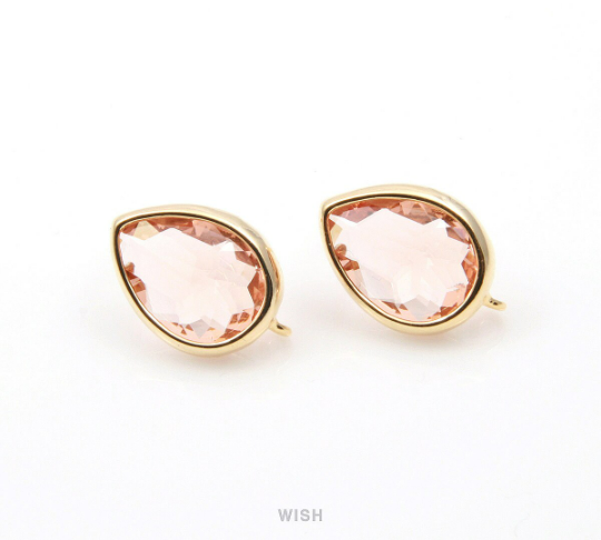 Peach Teardrop Glass stud Earrings in Rhodium, Gem Ear Studs/ GPCRH-099-E