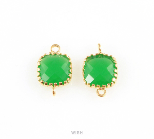 Palace Green Faceted Glass Connector in Rhodium, Framed Square Connector / GPGRH-007-P