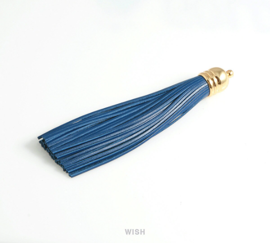 Navy Leather Tassel with Bell Cap in Rhodium, Navy Cowhide Tassel / LNVRH-006-T (1 piece)