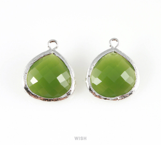 Dark Olivine Faceted Glass Charm in Gold, Framed Drop Glass Bead / GDOG-001-P