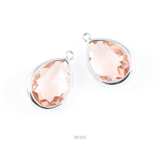 Peach Teardrop Glass Charm in Gold, Framed Drop Glass Gem / GPCG-016-P