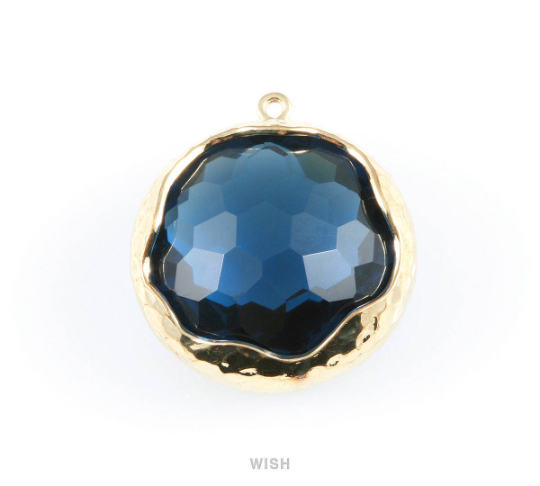 Montana Blue Faceted Glass Charms in Rhodium, Framed Round Pendant / GMBRH-011-P (1 piece)