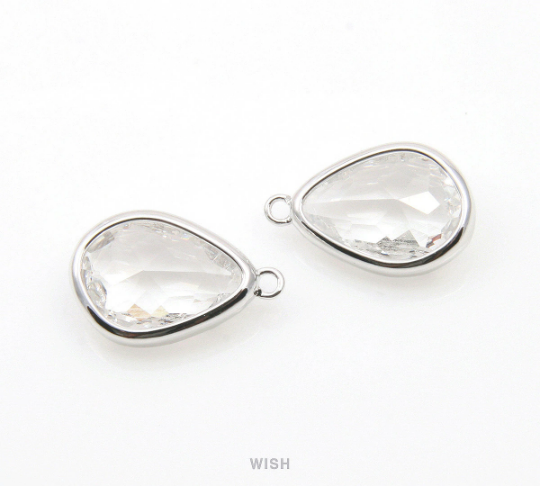 Clear Drop Charm in Rhodium, Crystal Drop Framed Pendant /SCLRH-112-P