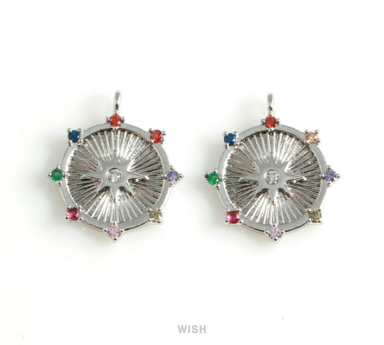 Gold Star Shine Disc with Multi Color Birthstones, Star Shine Coin /MG-429-P