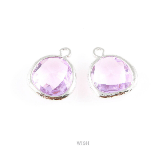 Light Amethyst Faceted Glass Charm in Gold, Framed Drop Glass Gem/ GLDG-004-P (Medium)