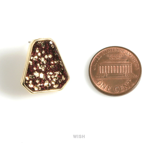 Six Angles Burgundy Fabric Drop with Gold Leaf Stud Earrings in Gold, Six Angles Drop Studs / MBGG-516-E