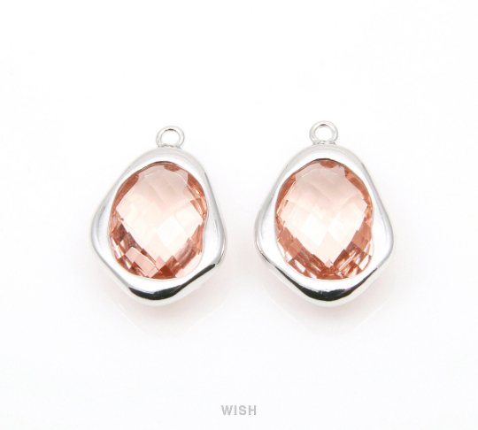 Peach Faceted Glass Charms in Gold, Framed Teardrop Pendant / GPCG-085-P