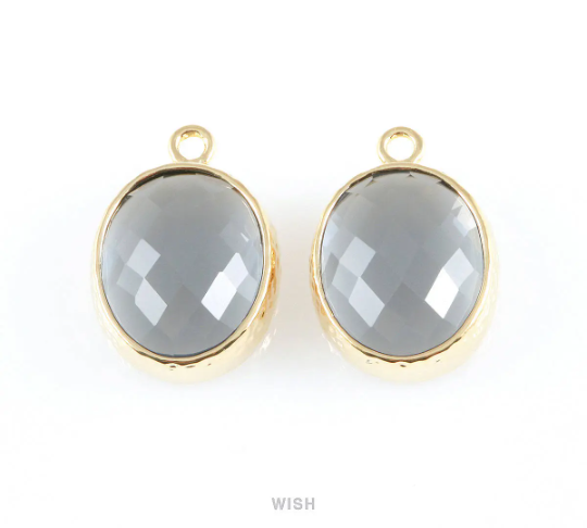 Charcoal Faceted Glass Charms in Rhodium, Framed Oval Pendant / GCCRH-009-P