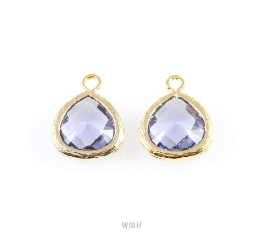 Amethyst Faceted Glass Charm in Rhodium, Framed Drop Glass Bead / GTZRH-003-P (Small)