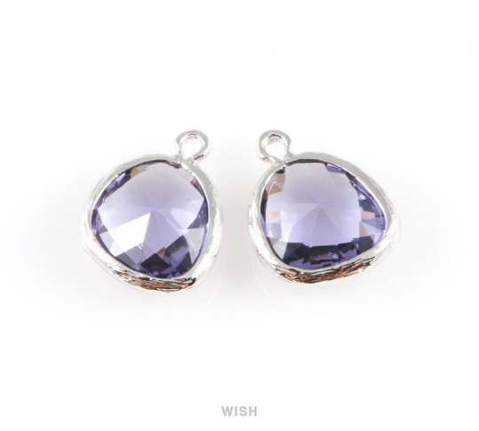 Amethyst Faceted Glass Charm in Gold, Framed Drop Glass Gem / GTZG-004-P (Medium)