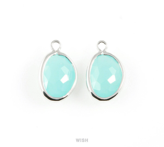 Ocean Blue Pear Glass Charm in Gold, Glass Framed Pendant/ GOBG-040-P