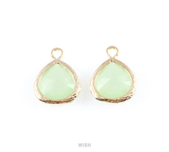 Light Mint Faceted Glass Charm in Rhodium, Framed Glass Gem / GLMRH-003-P (Small)