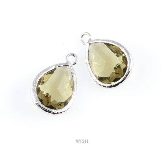 Olivine Teardrop Glass Charm in Gold, Framed Drop Glass Gem / GOVG-005-P