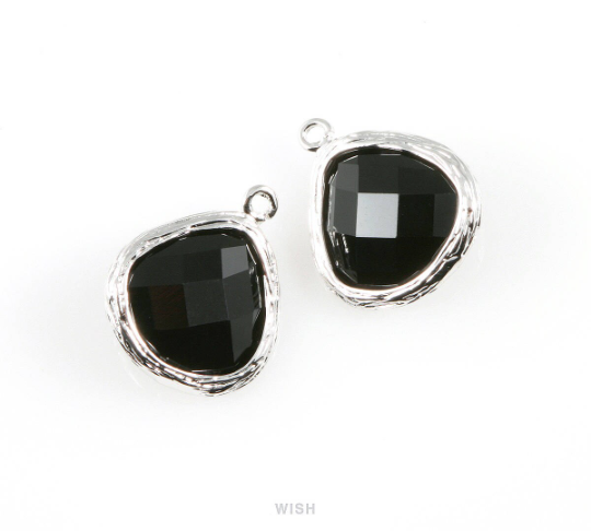 Jet Faceted Glass Charm in Gold, Framed Pendant / Birthstone / GJTG-036-P