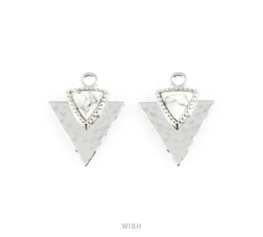 Howlite Triangle Stone Charm in Gold, Gemstone Framed Pendant  / SHTG-051-P