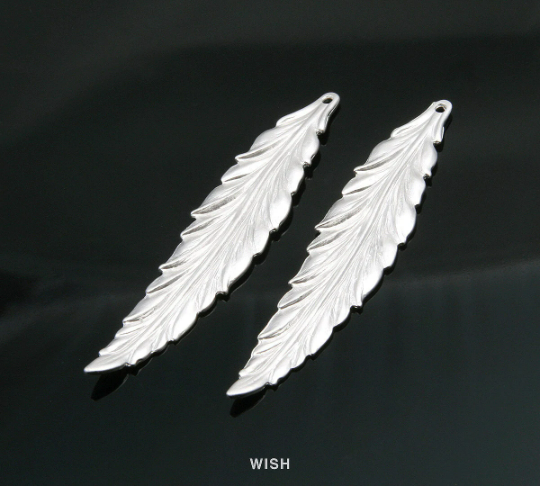 Large Feather Pendant in Matte Rhodium, Textured Feather Charm / MMRH-237-P