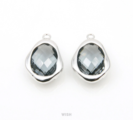 Charcoal Faceted Glass Charms in Rhodium, Framed Teardrop Pendant / GCCRH-085-P