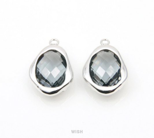 Charcoal Faceted Glass Charms in Rhodium, Framed Teardrop Pendant / GCCRH-085-P
