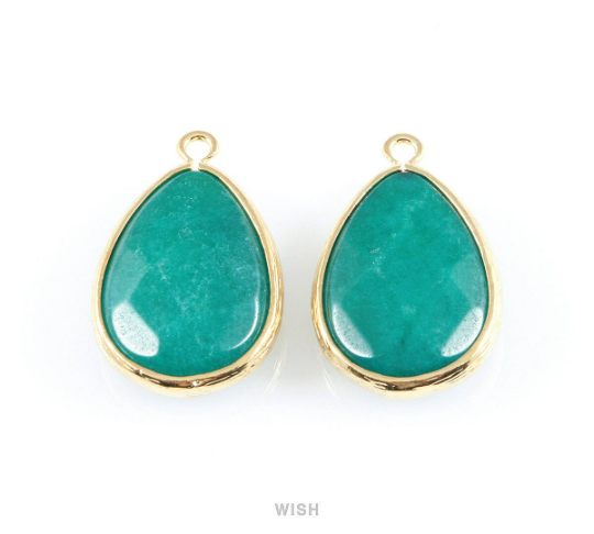 Green Turquoise Synthetic Stone Charms in Matte Rhodium, Framed Teardrop Pendant / SGTMRH-010-P