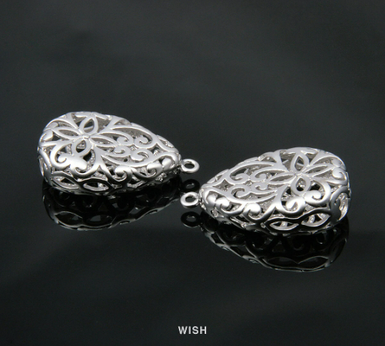 Flower in Teardrop Pendants in Matte Rhodium, Floral Teardrop Charms /MMRH-126-P