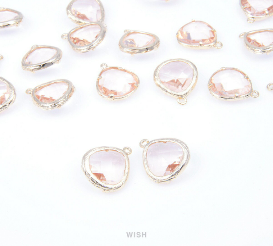 Peach Faceted Glass Drop Charm in Gold, Peach Framed Charms / GPCG-036-P