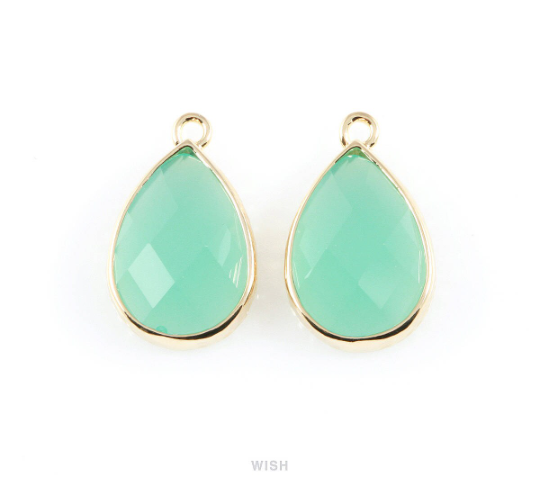 Mint Teardrop Glass Charm in Rhodium, Framed Drop Glass Gem / GMTRH-037-P