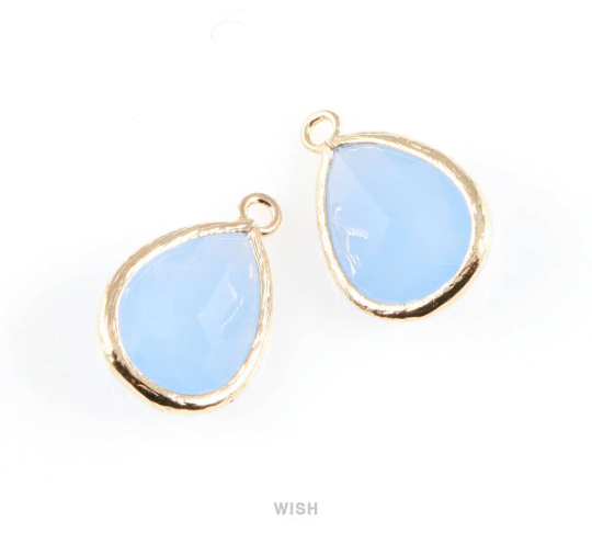 Ice Blue Teardrop Glass Charm in Rhodium, Framed Drop Glass Gem / GIBRH-005-P