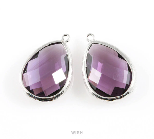 Amethyst Teardrop Glass Charm in Gold, Framed Drop Glass Gem / GTZG-044-P