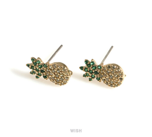 Cubic Zirconia Pineapple Stud Earrings in Gold, Pineapple Stud Earrings / MG-699-E