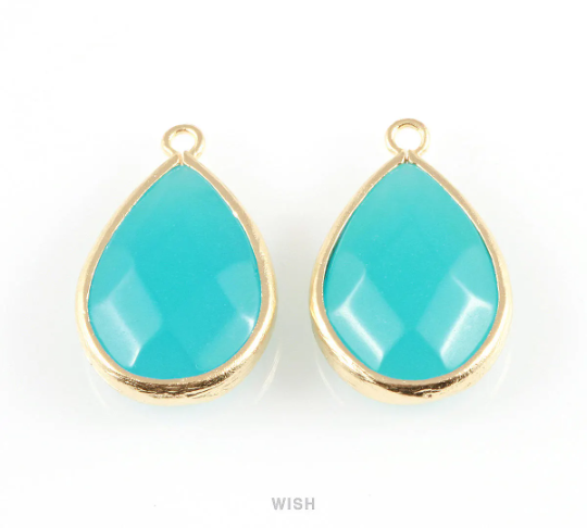 Ocean Blue Faceted Synthetic Stone Charms in Matte Rhodium, Framed Teardrop Pendant / SOBMRH-010-P