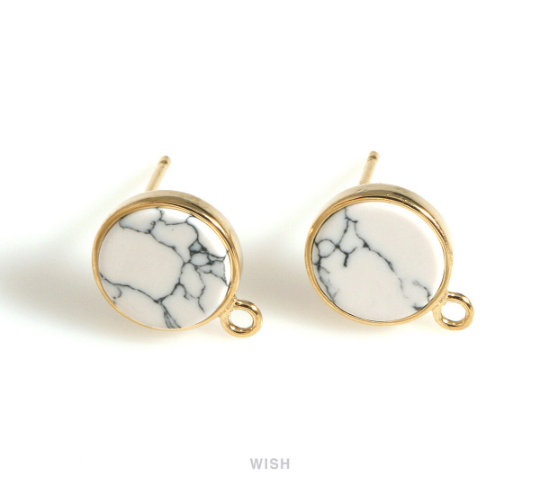 Howlite Round Stone Stud Earrings in Rhodium, Circle Gemstone Stud Earrings / SHTRH-058-E