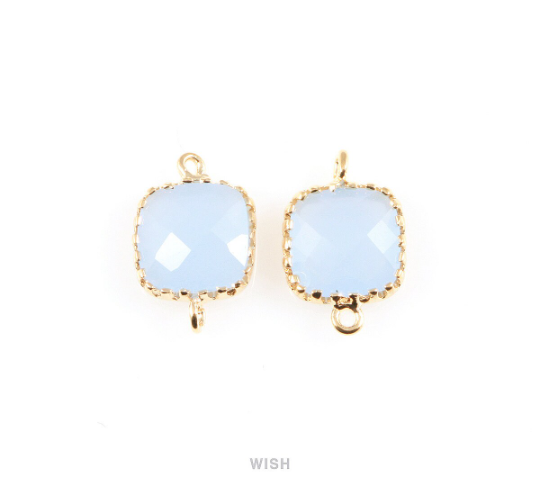 Ice Blue Faceted Glass Connector in Rhodium, Framed Square Connector / GIBRH-007-P