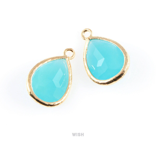 Ocean Blue Teardrop Glass Charm in Rhodium, Framed Drop Glass Gem / GOBRH-005-P