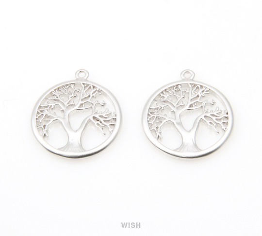 Family Tree in Circle Pendants in Matte Gold, Winter Tree Charm / MMG-076-P
