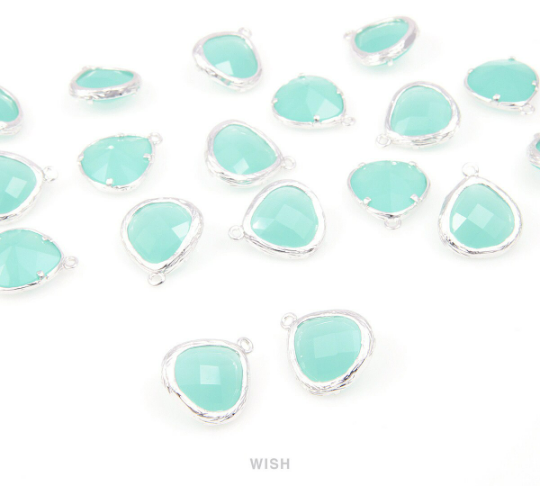 Mint Faceted Glass Drop Charm in Rhodium, Mint Charms / GMTRH-036-P