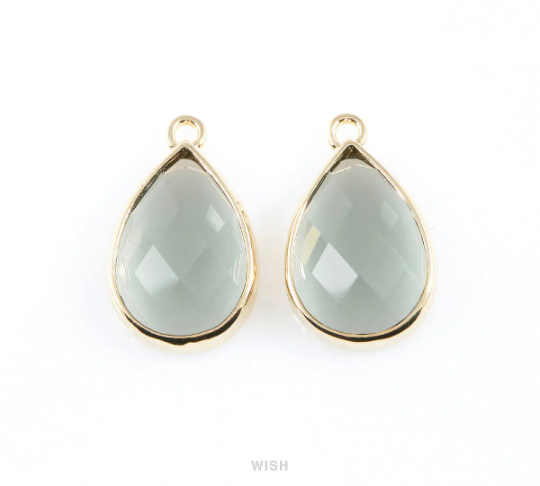 Charcoal Teardrop Glass Charm in Rhodium, Framed Drop Glass Gem / GCCRH-037-P