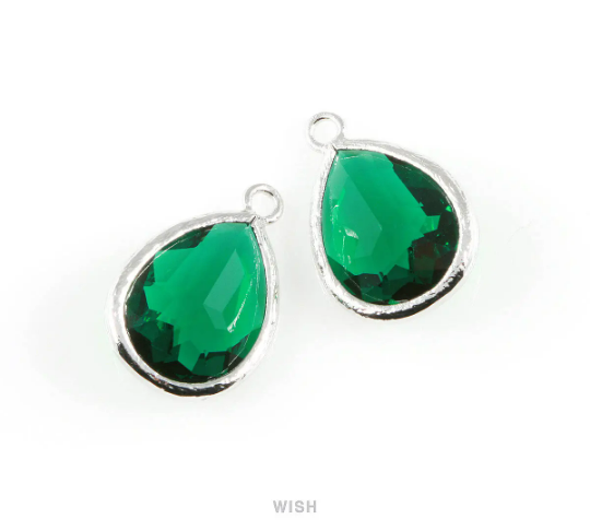 Emerald Teardrop Glass Charm in Gold, Framed Drop Glass Gem/ GEMG-005-P